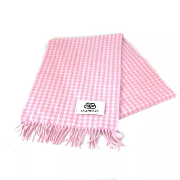 BALENCIAGA Check logo fringe Scarf Wool / Cashmere pink/White - Picture 1 of 11